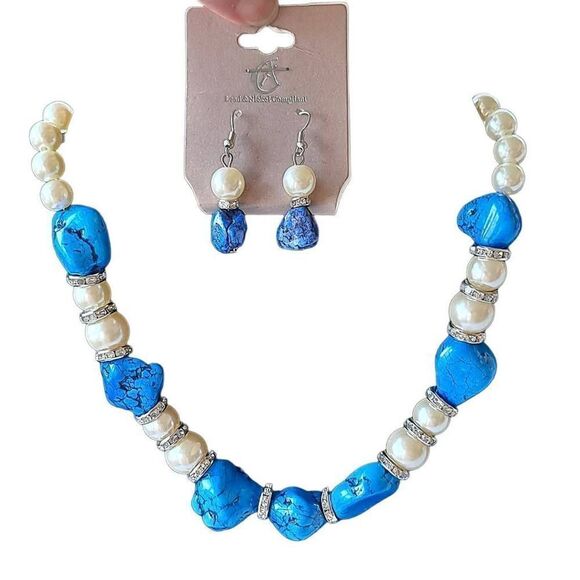 Ladies pearl & stone necklace & earring set nwt - Picture 1 of 6